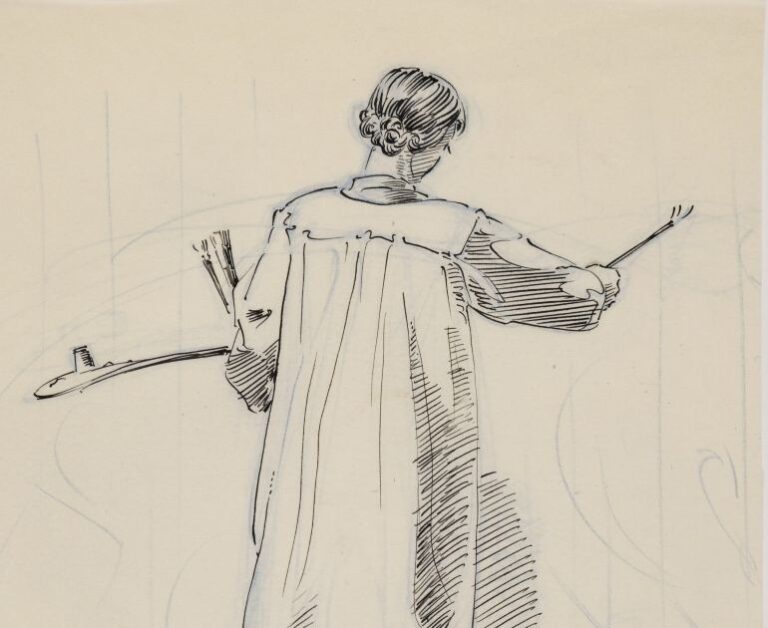 Drawing of a figure from behind. The figure is wearing a smock and holding paint brushes and supplies.
