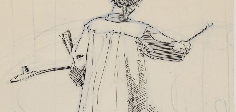 Drawing of a figure from behind. The figure is wearing a smock and holding paint brushes and supplies.