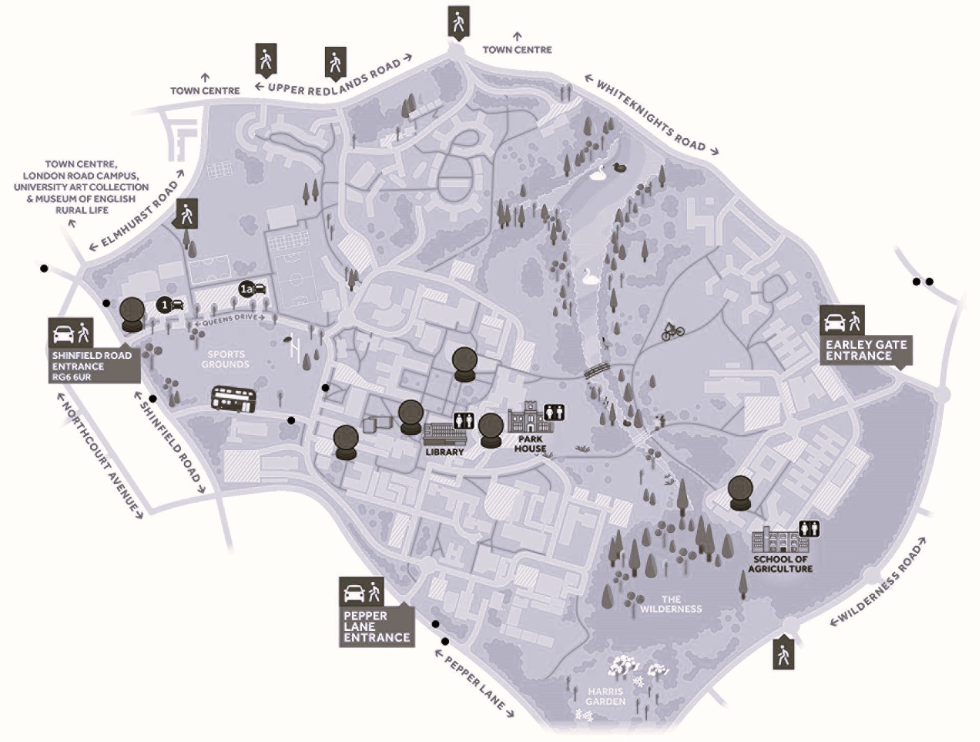 Map of the University of Reading's Whiteknights Campus with six globes.