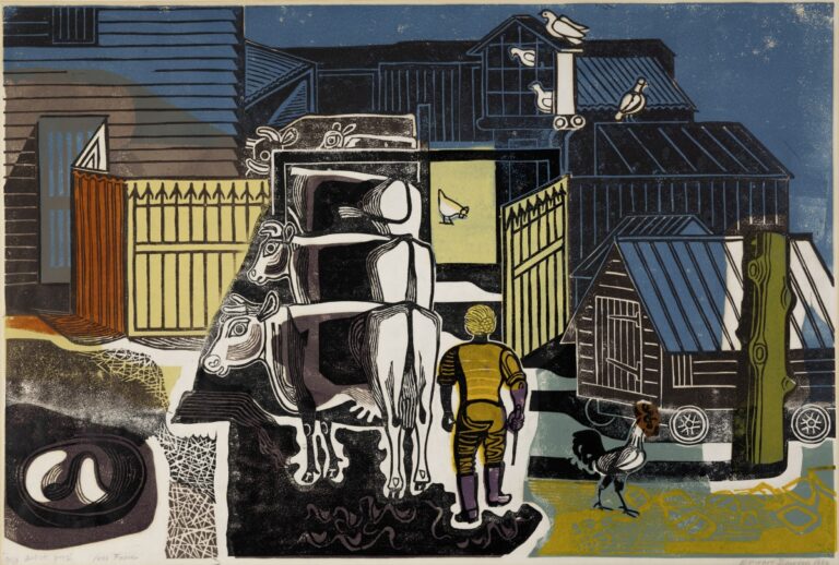 Print with a figure looking towards several buildings. There is a line of cows to the figure's left.