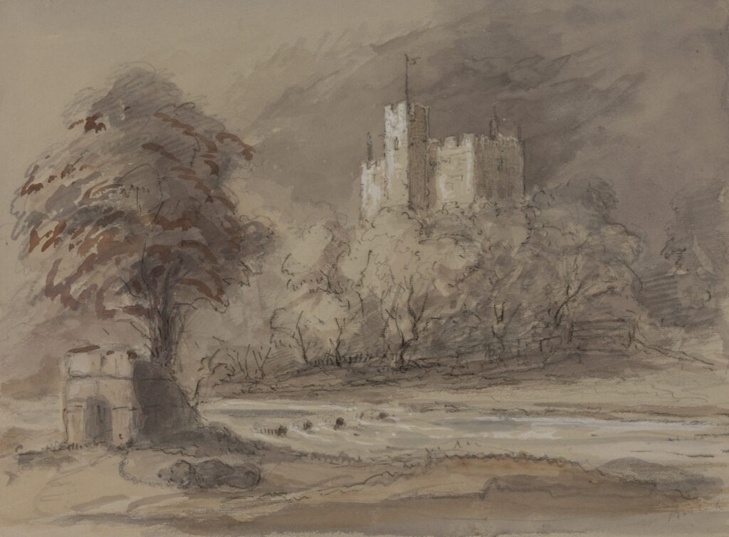 This moody watercolour with graphite depicts a distant castle perched on a wooded hillside. In the foreground, a calm river winds through an open landscape.