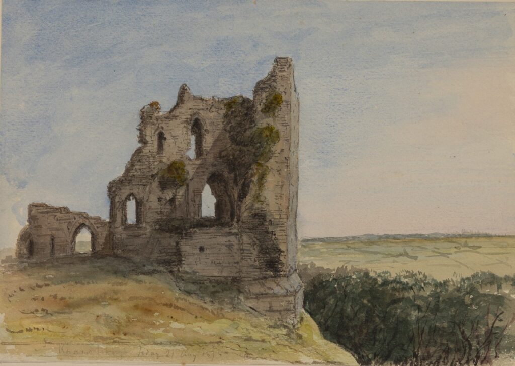 A watercolour depicting the remains of a hilltop stone ruin, with tall, broken walls punctuated by arched openings. It is framed by surrounding greenery.