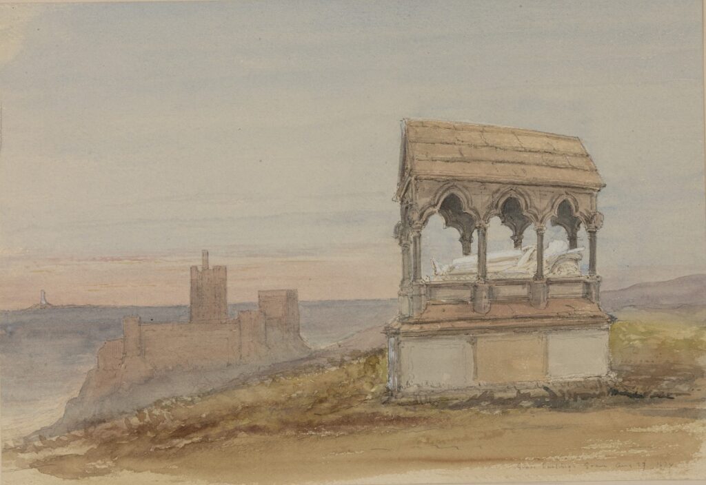 This watercolour with graphite depicts an ornate, open-sided memorial sheltering an effigy, set on a gentle rise overlooking a distant landscape. In the background to the left is a coastal castle, and behind it in the distance, a lighthouse perched on a small island.