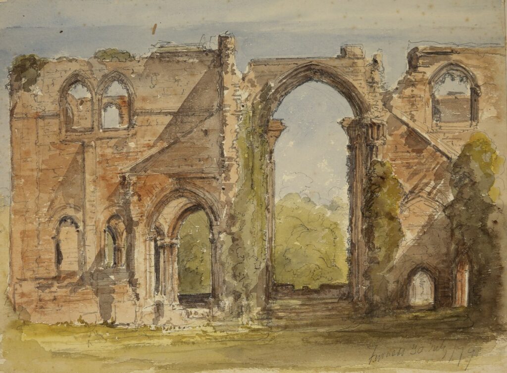 This watercolour with graphite depicts the weathered ruins of a large stone building, with tall arched openings and fragments of walls still standing. Soft greenery grows around and through the structure.