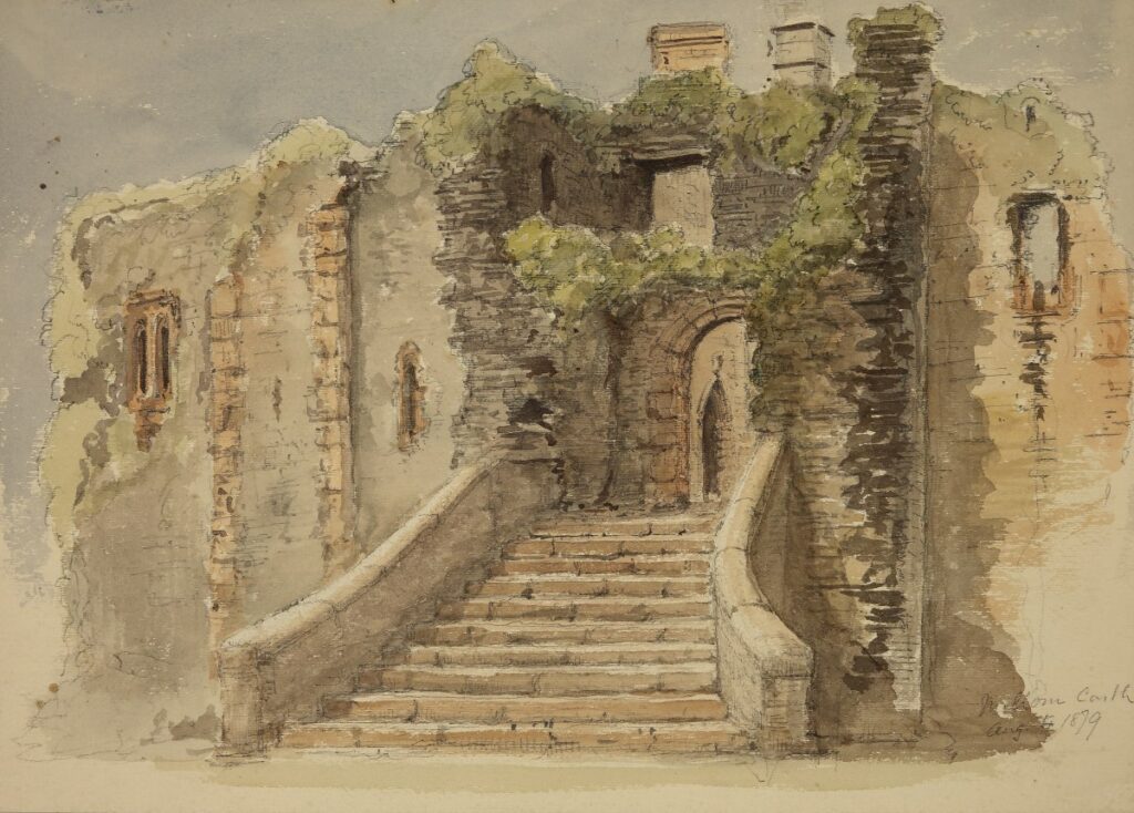 This watercolour with graphite depicts a weathered stone staircase leading up to an arched doorway set within the ruins of an old building. Crumbling walls and patches of greenery grow among the stones.
