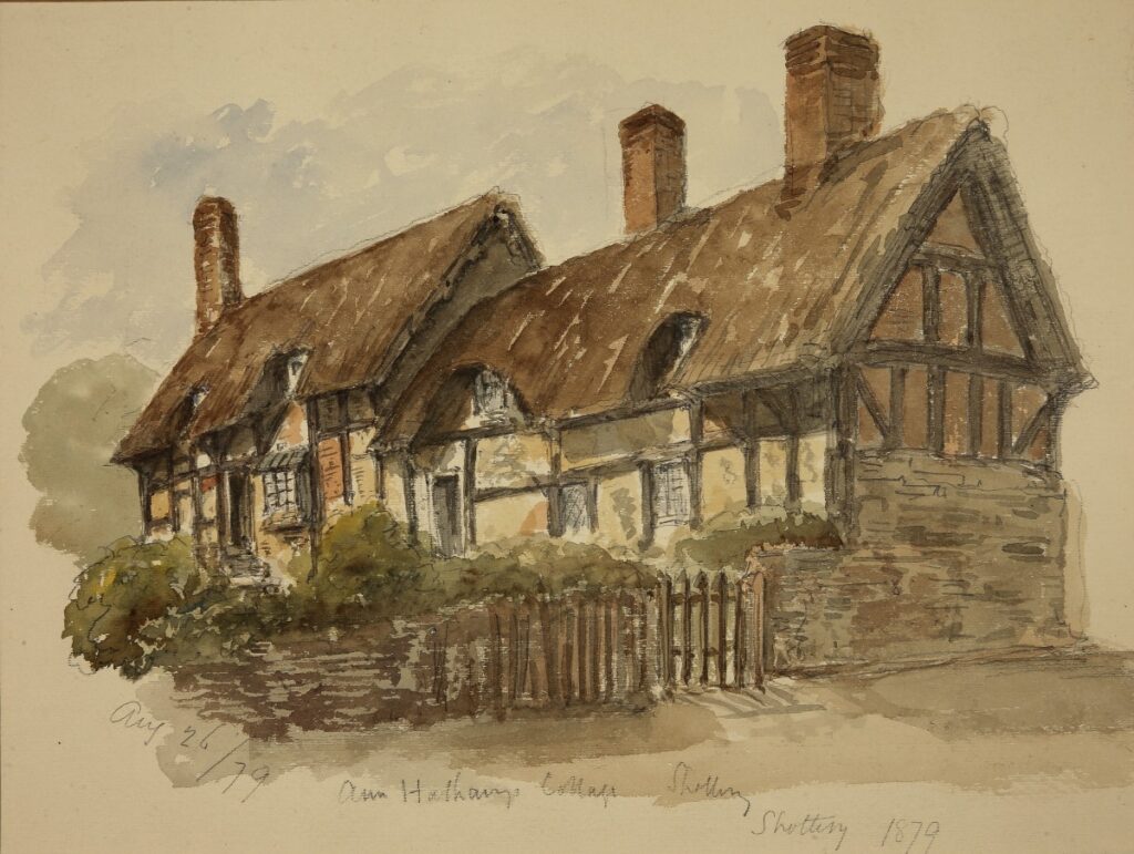 A watercolour with graphite depicting a pair of charming thatched cottages with timber-framed walls, set behind a small garden and wooden gate.
