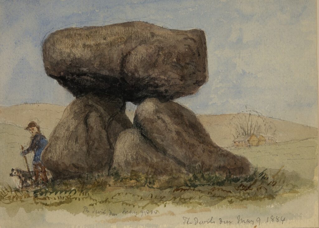 A watercolour landscape with graphite, depicting a large prehistoric stone structure composed of several upright boulders supporting a massive capstone. A lone figure and dog stands nearby, emphasizing the monument’s scale against a simple landscape backdrop.