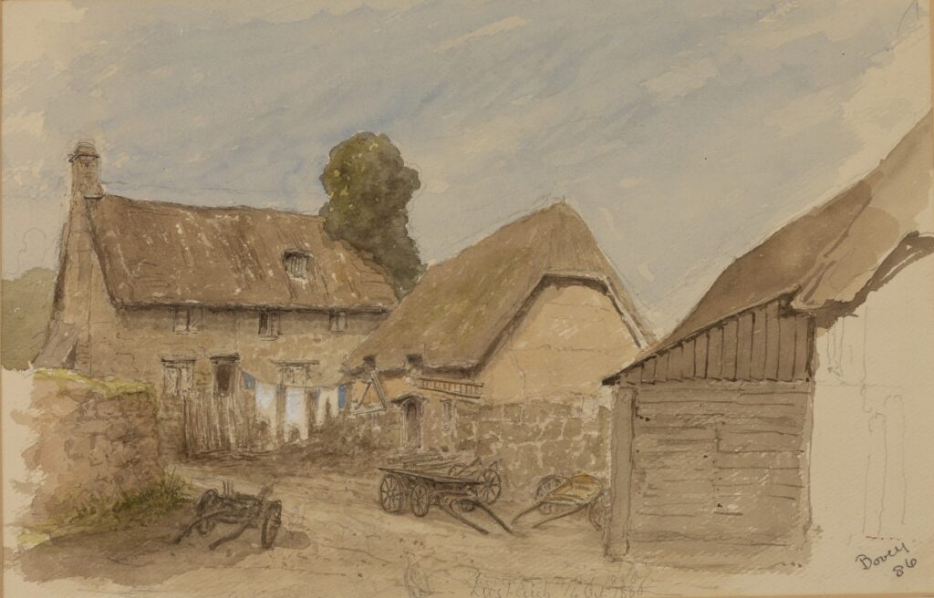 This watercolour depicts a weathered stone staircase leading up to an arched doorway set within the ruins of an old building. Crumbling walls and patches of greenery growing among the stones give the scene a sense of age, quietness, and gentle decay.