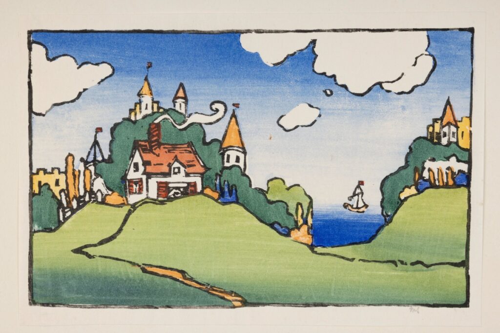 Landscape scene with buildings on two hills and a boat on the water.