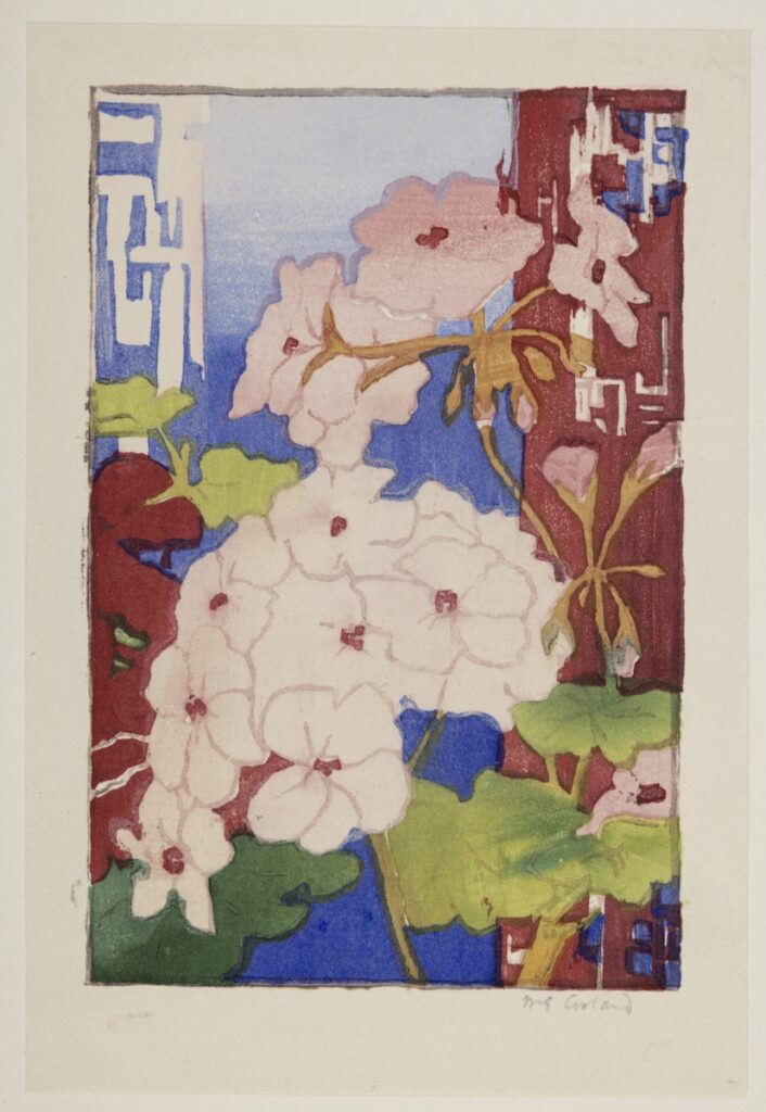 Pale pink flowers with blue and pink background.
