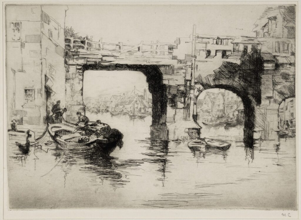 Print of a bridge over water with several boats in the foreground.