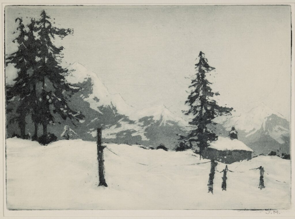 Landscape scene with trees and one building covered in snow.
