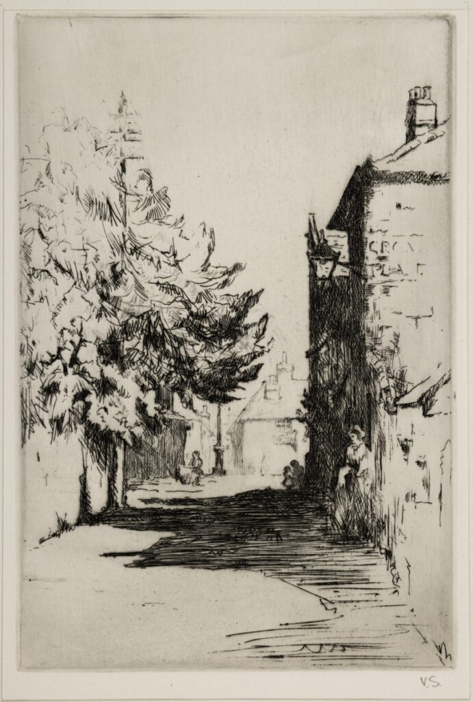 Print of the view down a street with trees on the left and buildings on the right.