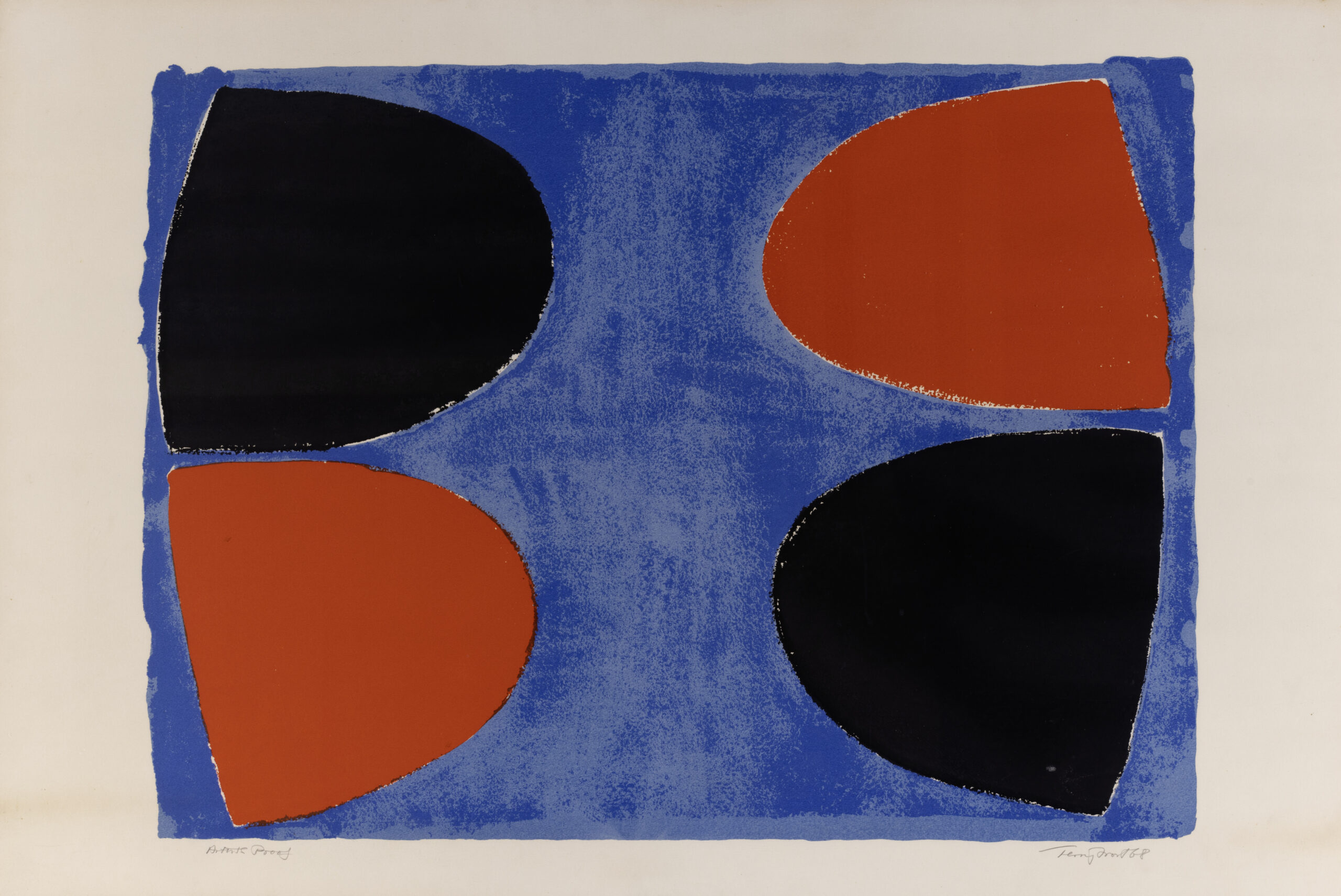 Two red and two black semi-circles on a blue background.