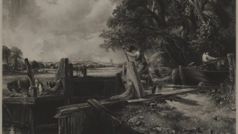 Man opening a wooden lock on a river. On the right is a second person in a boat and on the left are a horse, a man and a dog.