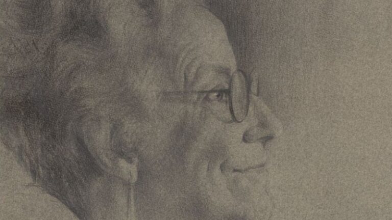 Drawing of Sylvia Townsend-Warner, an older woman wearing round glasses and drop earrings, looking to the right.