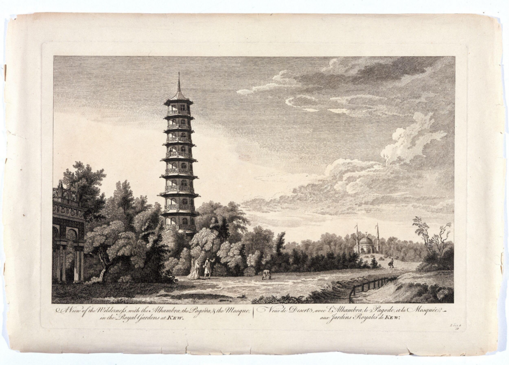 Engraving of pagoda and mosque with garden visitors