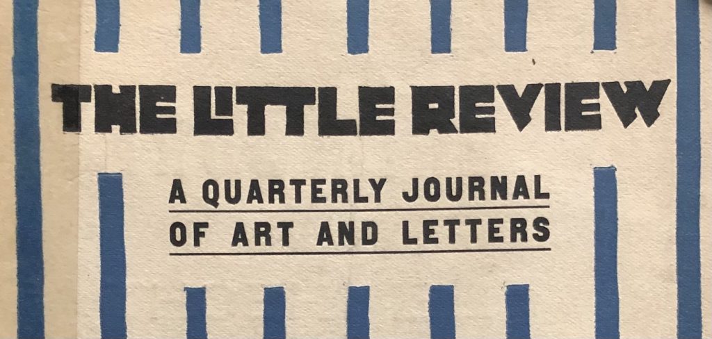 Front cover of an issue of The little review : a quarterly journal of art and letters. Blue and white patterned background with black type.