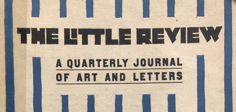 Front cover of an issue of The little review : a quarterly journal of art and letters. Blue and white patterned background with black type.