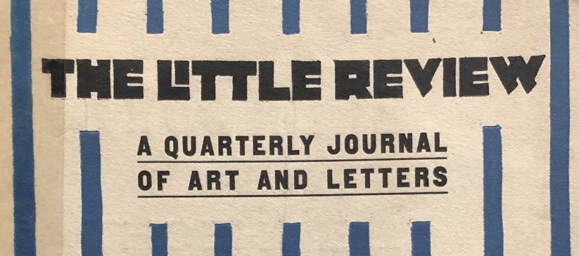 Front cover of an issue of The little review : a quarterly journal of art and letters. Blue and white patterned background with black type.