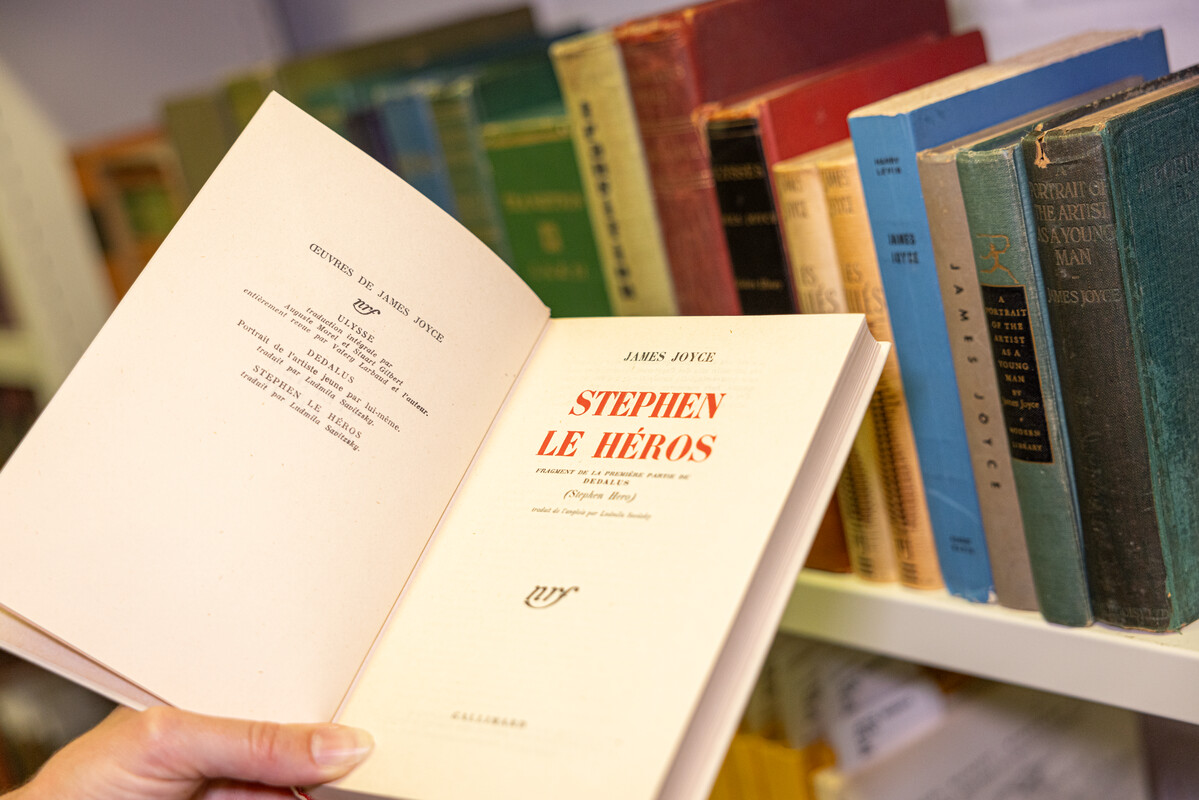 Stephen Le Heros by James Joyce, open to title page, surrounded by books from the Solange and Stephen James Joyce Collection.