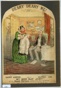 Scene shows a midwife presenting the father with new-born twins; he is surrounded by demands for money.