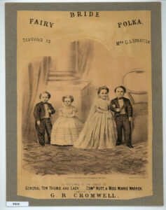 portraits of two couples with dwarfism - one a bride and groom. Individuals left to right: Commodore Nutt, [bridesmaid] Minnie Warren; [groom] General Tom Thumb aka Charles Stratton; [bride: Lavinia Warren].