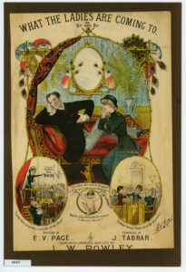The cover shows awoman proposing to man (J W Rowley) reclining on couch; smaller vignettes: women at election meeting, man holding baby; abused husband in court; the whole linked in a bamboo frame with peacock feathers.