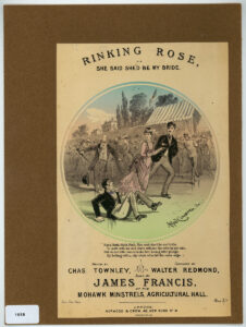 Cover shows people roller-skating on an outdoor rink, with a couple arm-in-arm in the centre.