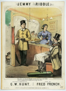 A pie shop scene with Jemmy Riddle seated at a small table; to the left the complaining Fred French; behind the counter his Nancy serving.