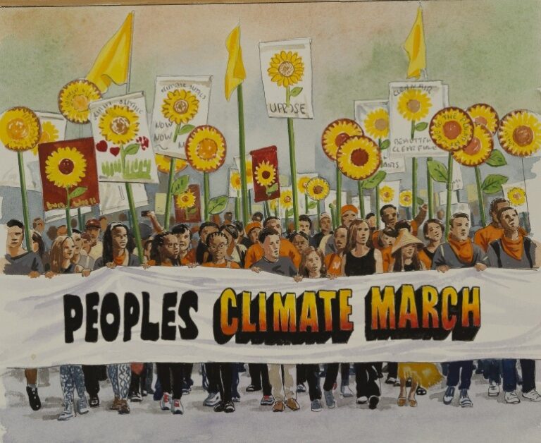 Illustration from a Ladybird book of a large group of people holding up a banner with the words' peoples climate march'. people in the background holding up placards with yellow flowers.