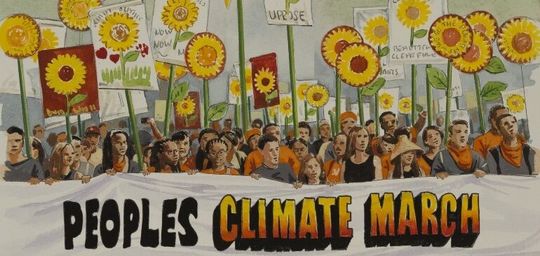 Illustration from a Ladybird book of a large group of people holding up a banner with the words' peoples climate march'. people in the background holding up placards with yellow flowers.
