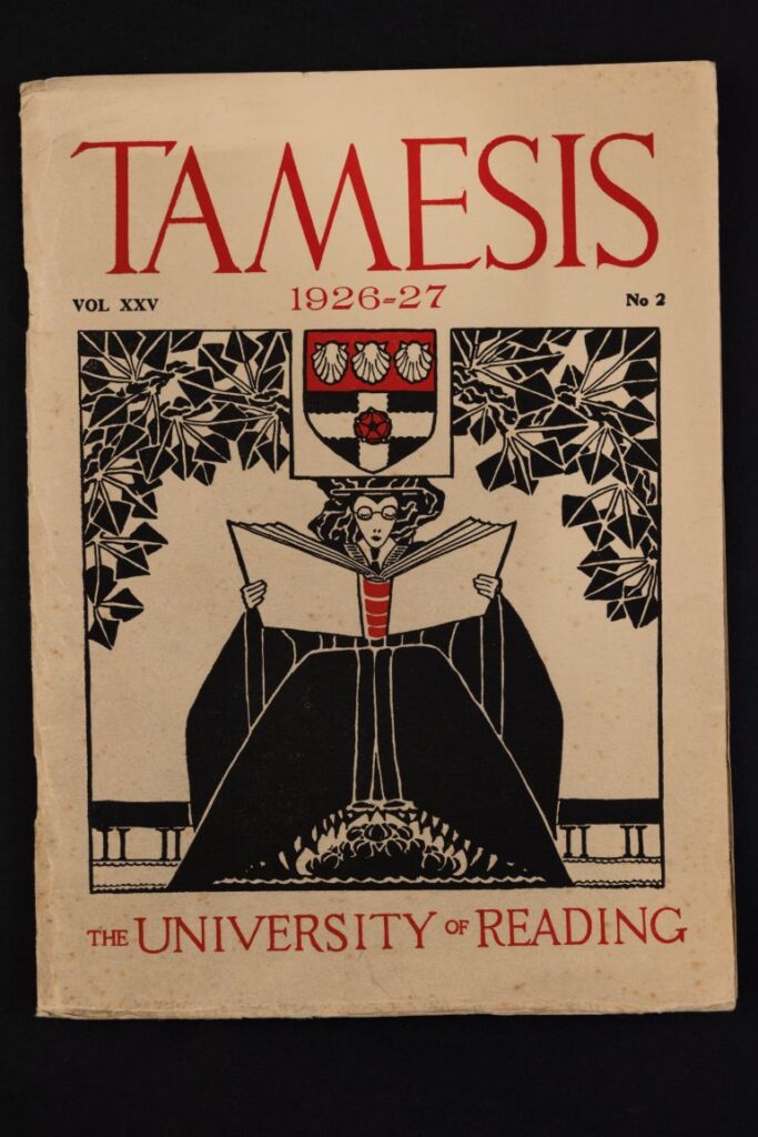 Cover of Tamesis Vol. XXV No. 2 (1926–27), showing an illustrated academic figure reading a large book beneath the University of Reading coat of arms, with stylised foliage framing the design