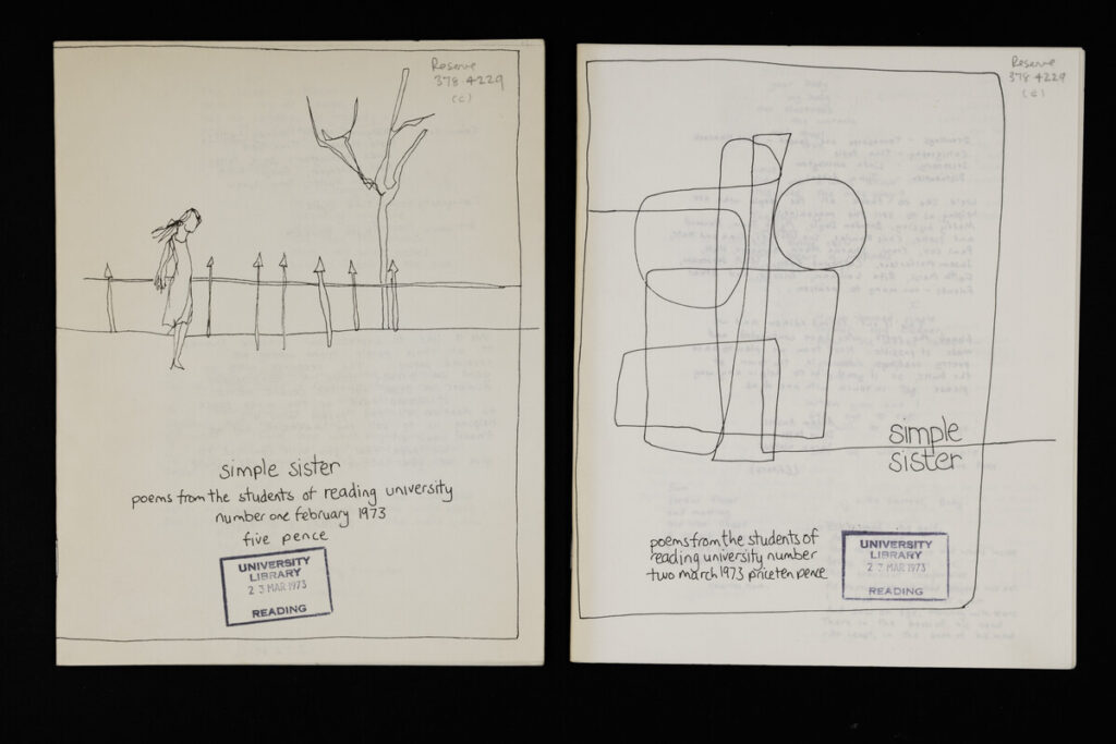 Two covers of “Simple Sister,” a student poetry magazine from Reading University published in 1973, featuring hand-drawn line illustrations and stamped library marks.