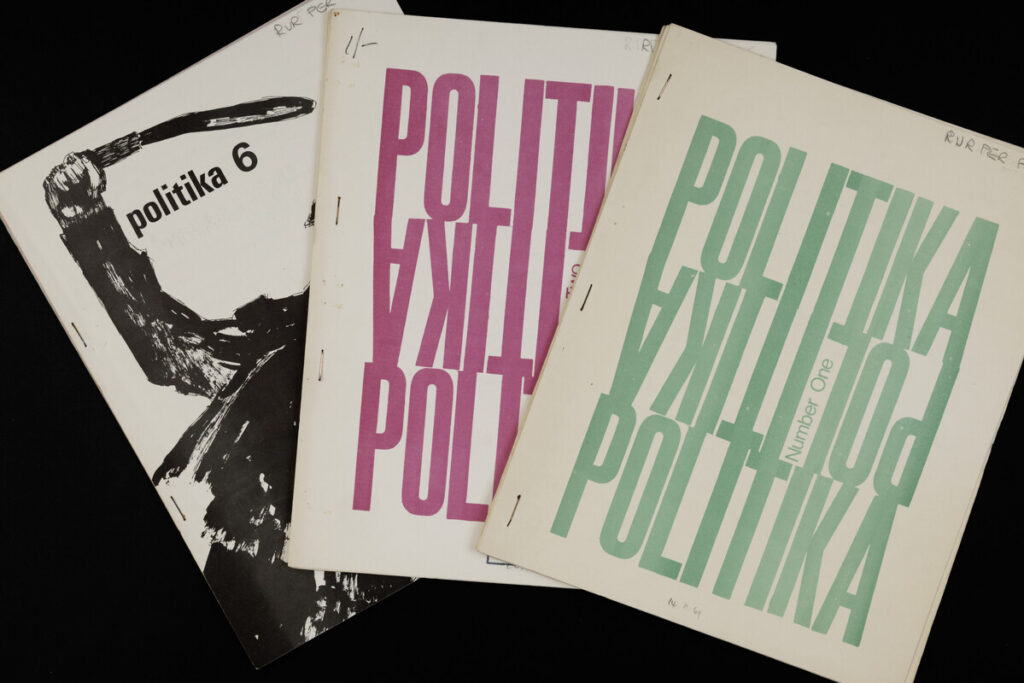 Three covers of “Politika,” the journal of the University of Reading Politics Club, featuring bold typographic designs in black, purple, and green.