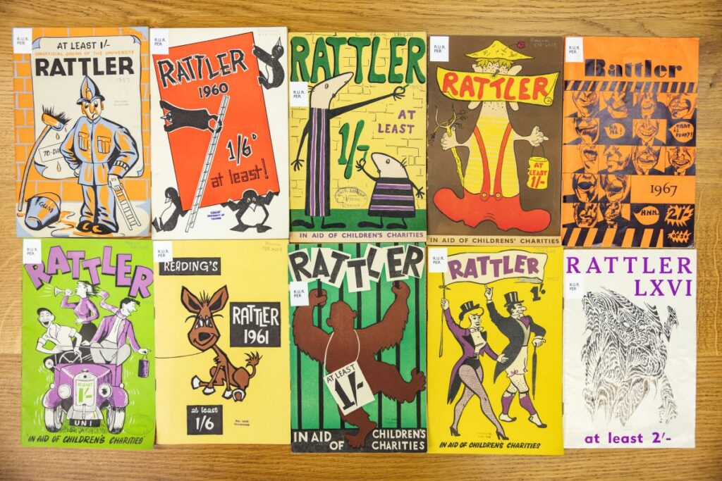 A selection of colourful vintage covers from “Rattler,”the Reading University Students' Union RAG (Raise And Give) magazine, showcasing illustrated designs from the 1950s and 1960s.