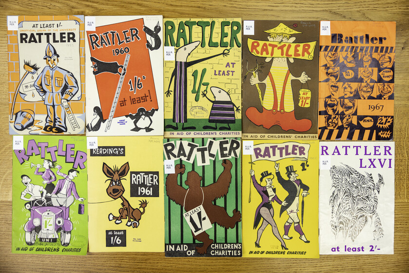 Selection of Rattler magazine covers, colourful and pictorial, from the Reading University Reserve Collection