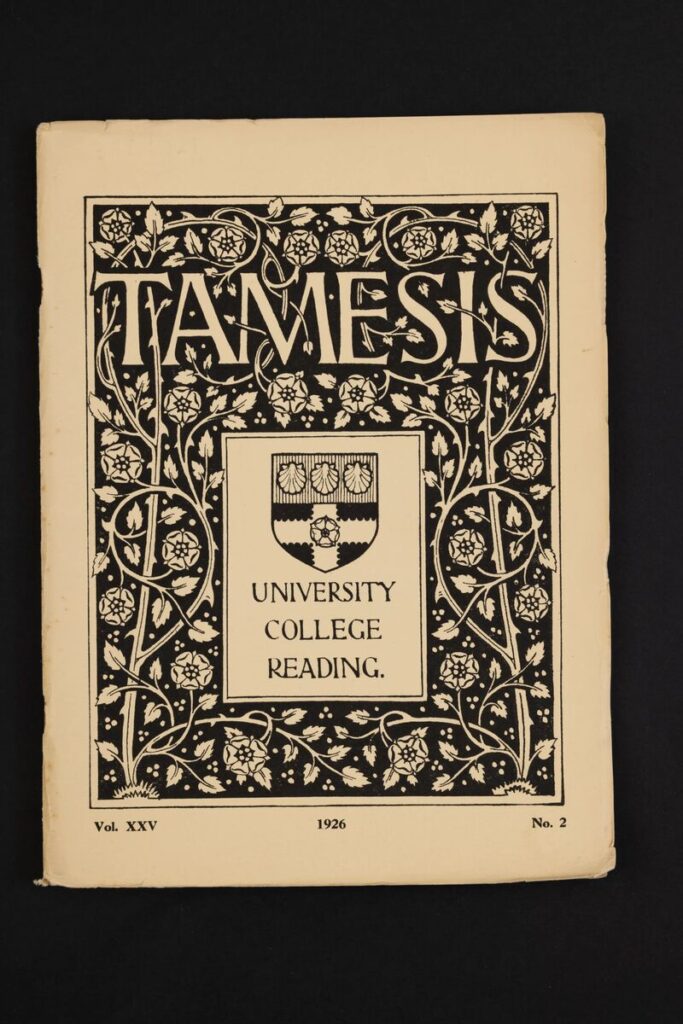 Front cover of Tamesis, the magazine of University College Reading, dated 1926. The cream-coloured cover features an ornate black floral border surrounding the title “Tamesis” in large decorative lettering, with the university crest and the words “University College Reading” at the centre. Volume and issue details appear at the bottom, shown against a black background
