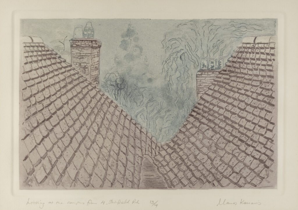 View from bedroom window over two red-tiled rooftops in a 'V' shape to blue-grey trees. Each roof has a chimney. At bottom left: Looking at the campus from 4, Shinfield Rd. 13/14. Signed bottom right.