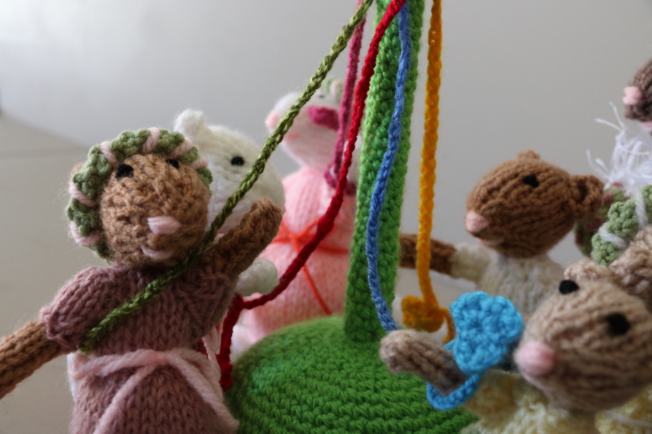 Knitted and crocheted decorations in the Shepherds Hut. Maypole dancing mice made by the Mewes Knitters volunteers